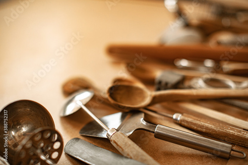 tools on table. Kitchen tools. Spoon. 
