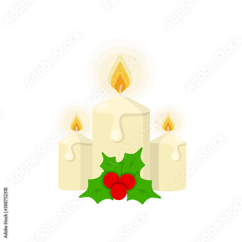 Vector graphic illustration on a white background. Concept icon in flat design. Three Christmas candles with holly. Traditional tabletop decoration. Symbol; sign; logo; emblem.