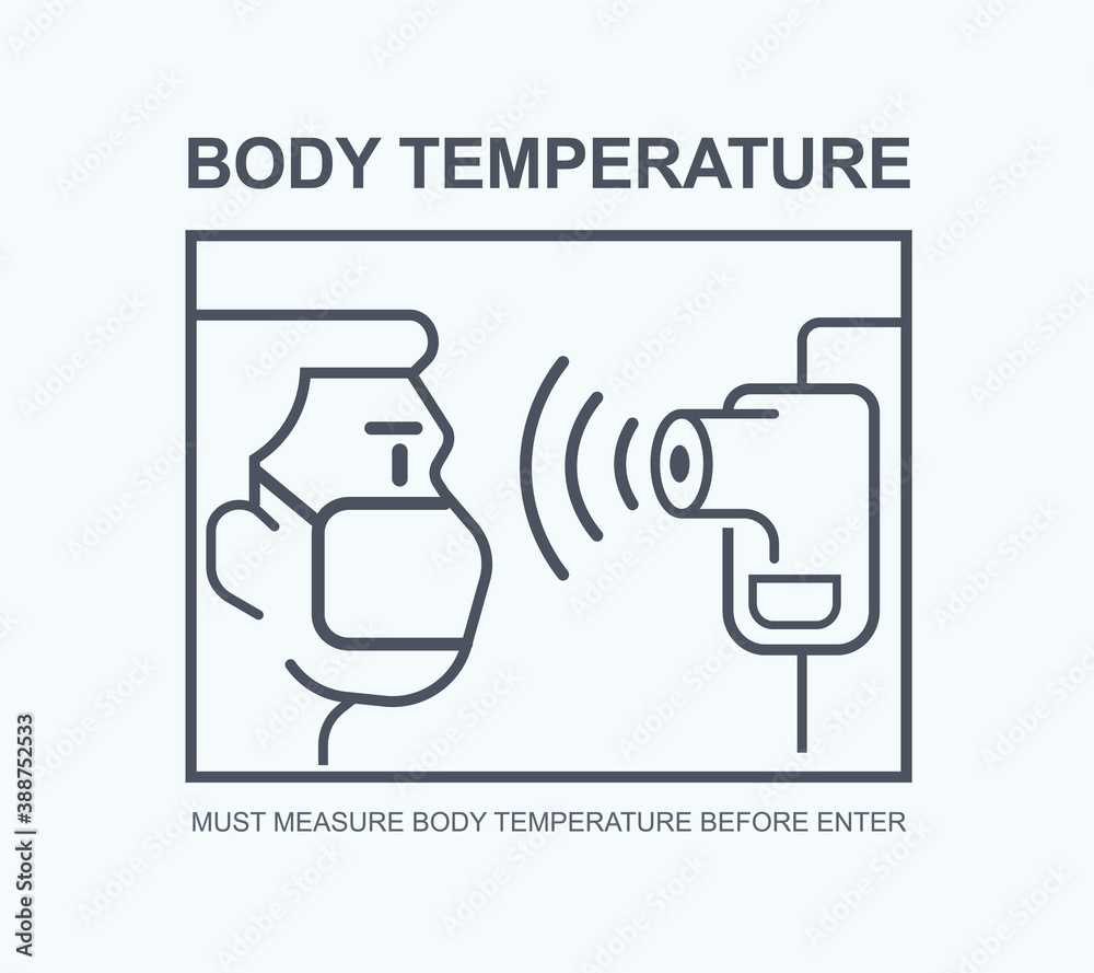 Body temperature checking before enter sign. Infection prevention outline icon and Protection yourself from Coronavirus symptoms vector banner.