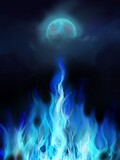 The background of blue fire and creepy moon in the night