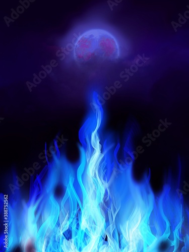The background of blue fire and creepy moon in the night 