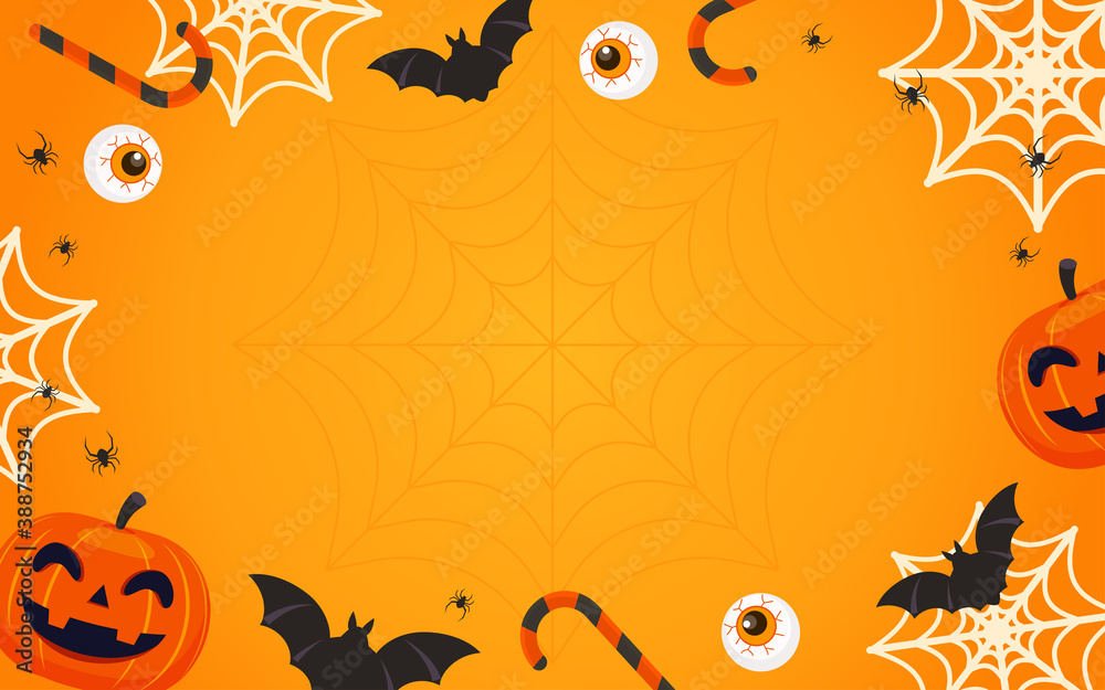 Happy Halloween Background vector illustration. Spider web with halloween pumpkin frame on orange background.