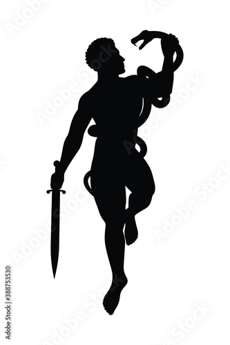 A warrior fight against snake monster silhouette vector