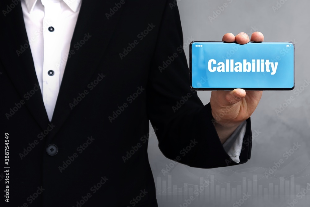 Callability. Man shows phone with word in display. White text on blue screen. Callability. Man shows phone with word in display. White text on blue screen.