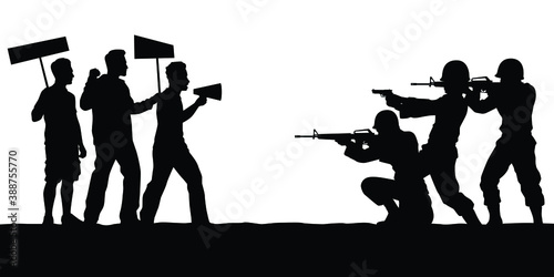 Protest men fight against soldiers troops silhouette vector