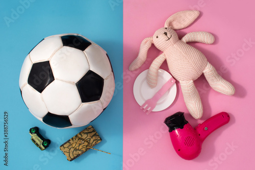 Gender stereotype toys on blue and pink background photo