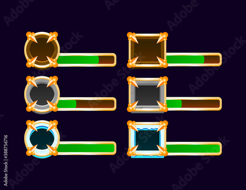 Set of gui Wooden, stone, ice medieval indicator bar with Golden border frame for game ui asset elements vector illustration