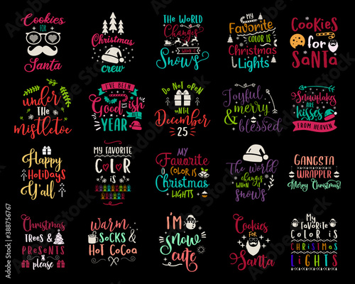 Christmas calligraphy quotes collection. Silhouette typography designs for xmas decoration, cards, t shirts, mug, other prints with words and holiday elements. Stock vector lettering bundle