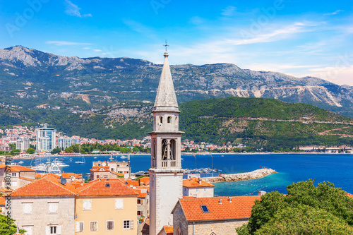 The tower of St John the Baptists Church, in the old town of Budva, Montenegro