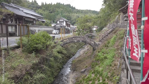 Stone Bridges At Gohyaku Rakanji Temple, the Shingon Buddhism temple built in 1776 to hold a memorial service for miners, in cloudy day, Omori, Iwami Ginzan Silver Mine, Shimane, Japan photo