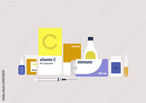 A drugstore shelf with a set of medicine packages, bottles, blisters, and containers, a coronavirus treatment