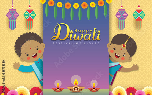 Diwali or Deepavali greeting template. Cute cartoon Indian kids with diwali diya, marigold mango leaf & kandil lantern on pattern background. Indian festival of lights flat vector. 