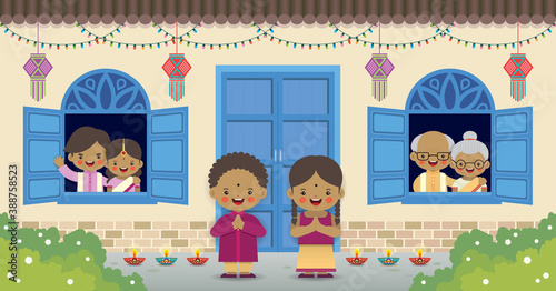 Diwali or deepavali - festival of lights greeting card. Cartoon Indian family with kandil (india lantern) & diya (oil lamp) in flat vector illustration. 