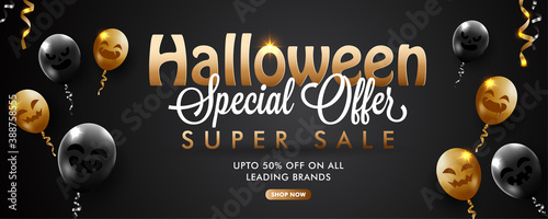 Halloween sale advertisement banner, poster ,web header design on black and golden theme , horror realistic balloons.