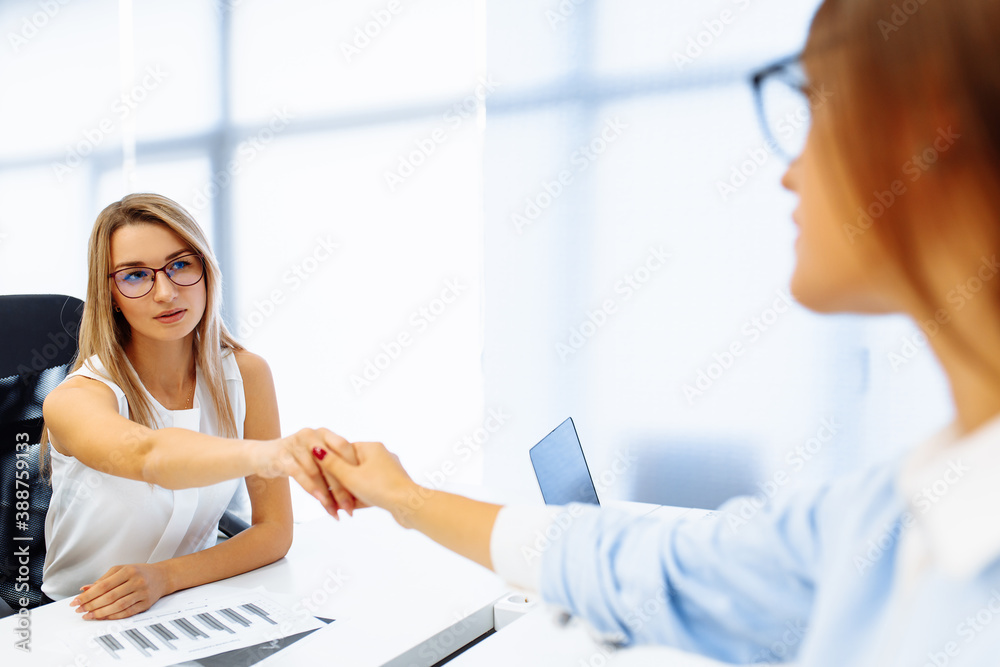 Young business women shaking hands with each other in the office conclude a successful meeting