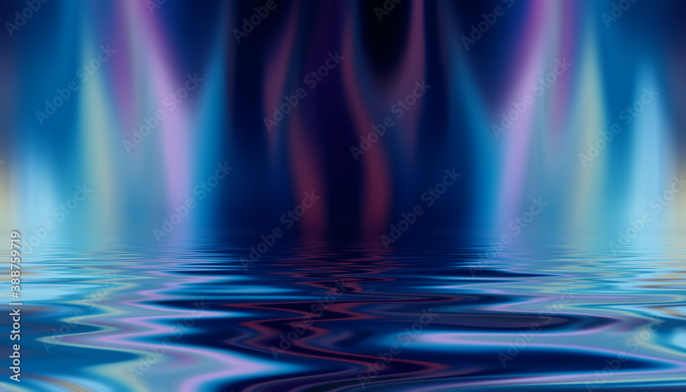 Abstract dark futuristic background. Ultraviolet multicolored beams of neon light reflect off the water. Background of empty stage show, beach party. 3d illustration