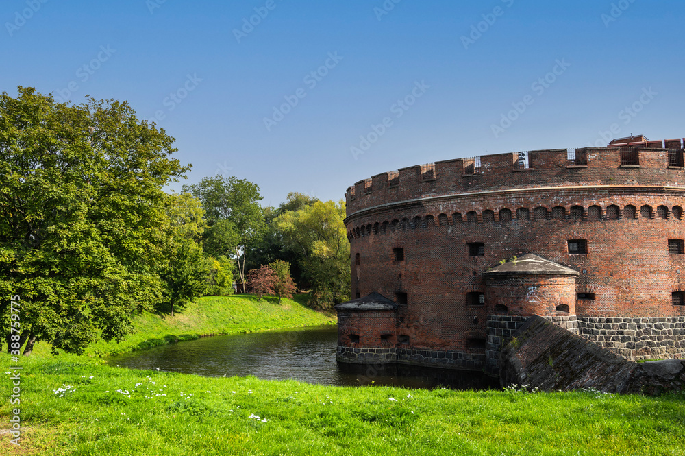 Old fortress with red brick and granite, loopholes, water moat and a lawn with trees against the blue sky, copy space