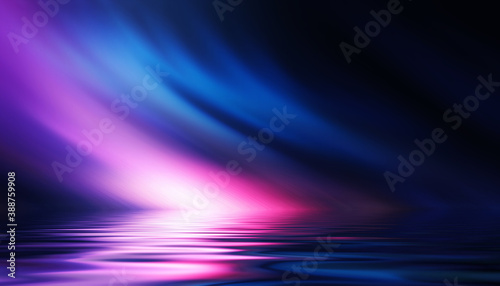 Abstract dark futuristic background. Ultraviolet multicolored beams of neon light reflect off the water. Background of empty stage show, beach party. 3d illustration