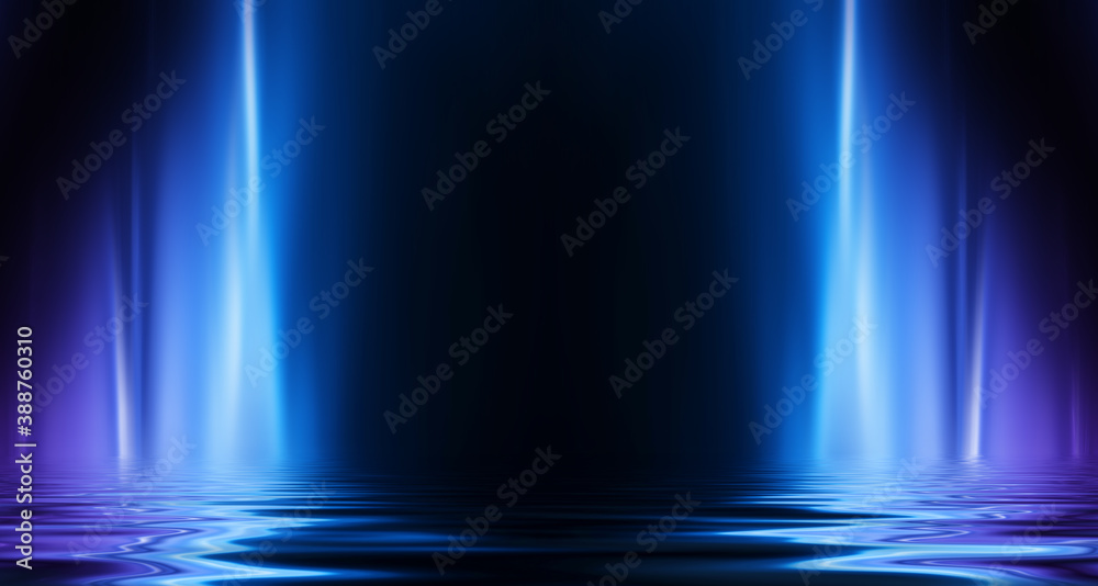 Fototapeta premium Abstract dark futuristic background. Blue rays of neon light reflect off the water. Background of empty stage show, beach party. 3d illustration