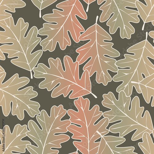 Vector Leaf Silhouettes in Green Orange Ombre on Green Background. Seamless Repeat Pattern. Background for textiles, cards, manufacturing, wallpapers, print, gift wrap and scrapbooking.