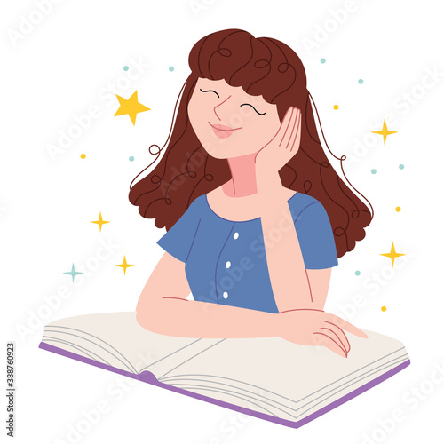 The girl dreams and reads. The student thinks about the future. Illustration for children's book. Cute Poster.