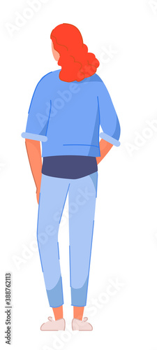 Woman character in jeans standing back isolated on white