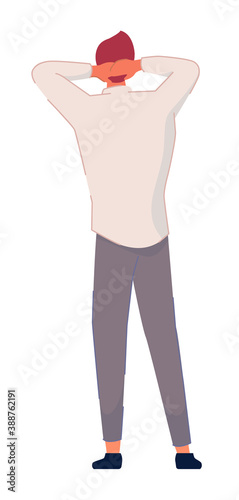 Young man standing backside with crossed arm at head back