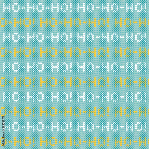 White, yellow and blue Christmas sweater ho-ho-ho lettering seamless pattern