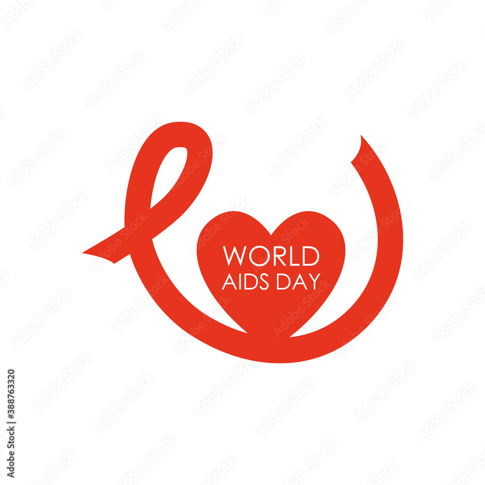 world aids day design with long ribbon and red heart icon, flat style