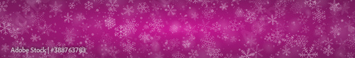 Christmas banner of snowflakes of different shapes  sizes and transparency on purple background