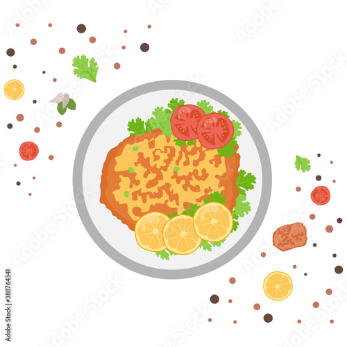 Viennese pan fried veal cutlet Vector Icon , Wiener schnitzel garnished with lemon and parsley on Plate Concept, National Dish of Austria Sign,Traditional cuisine Symbol, Food cooking ingredients 