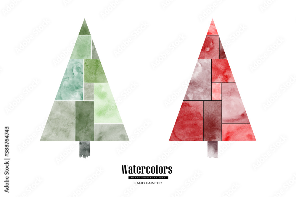 Set of Christmas trees beautiful watercolor hand painted minimal style