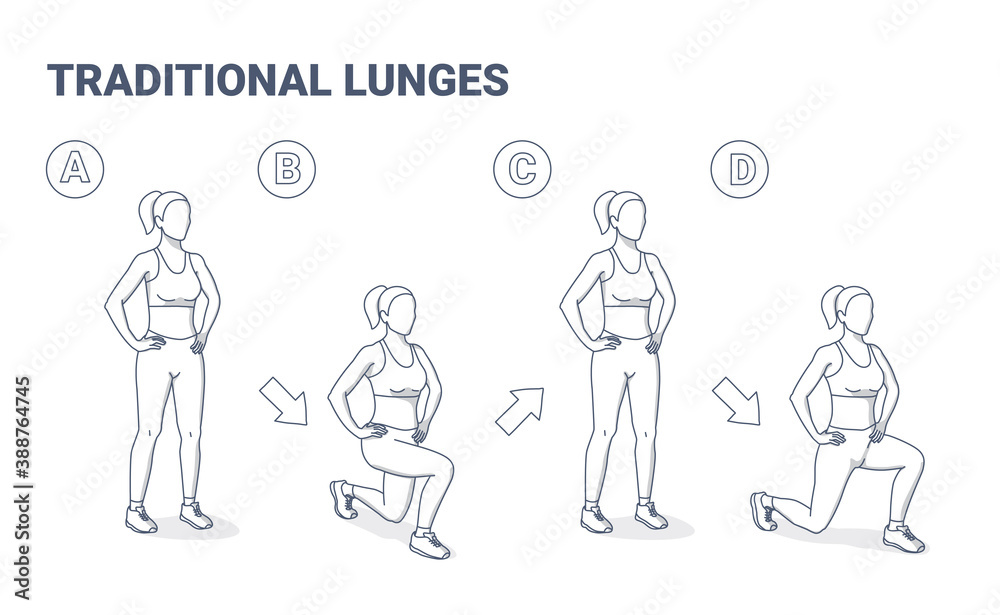 Lunges Female Home Workout Exercise Black and White Guide Illustration.