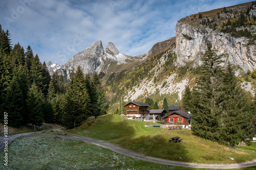 Village du Tanney with spectacular peak of Les Jumelles photo