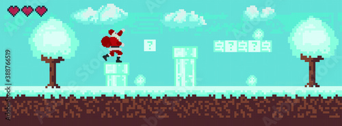 Vintage style, pixel game, santa claus winter picture representing character, trees and bushes, new year battle. The sky is in the clouds. vector illustration