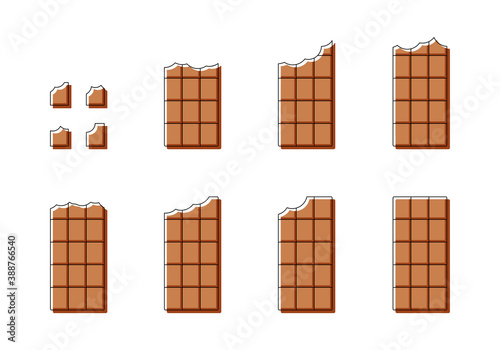 Bitten milk chocolate bar, color icons set. Thin linear with brown fill moved beyond outline. Flat simple illustration of different types of bite. Contour isolated vector pictogram on white background