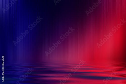 Abstract dark futuristic background. Ultraviolet multicolored beams of neon light reflect off the water. Background of empty stage show  beach party. 3d illustration