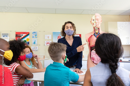 Valokuva Female teacher wearing face mask using human anatomy model to teach students in