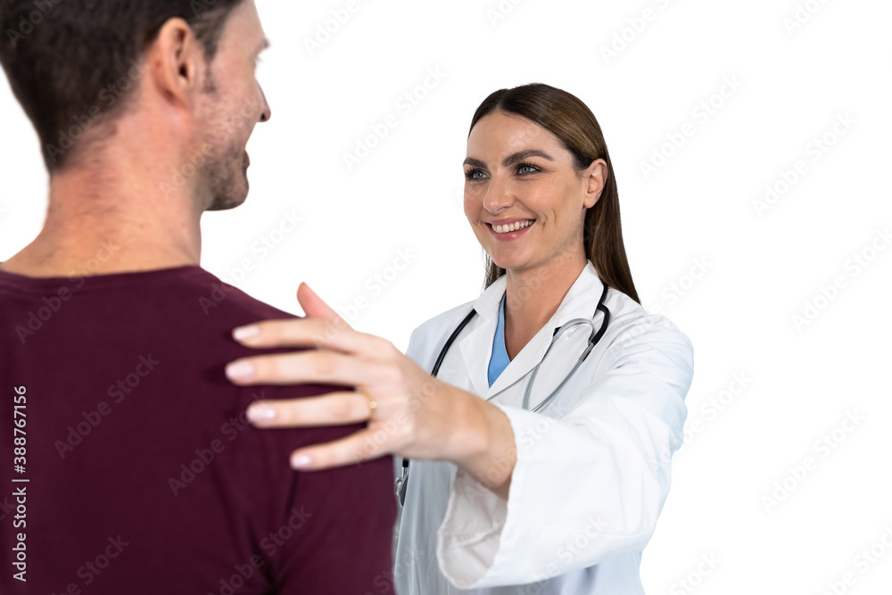 Female doctor with male patient against white background Female doctor with male patient against white background