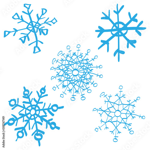 Blue handdrawn snowflake isolated on white background. Flat icon with christmas and winter theme. Simple snow symbol illustration.