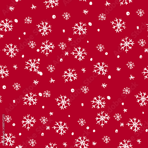 Simple geometric repeating pattern with red hand-drawn snowflakes. Seamless abstract pattern with shapes. Vector illustration