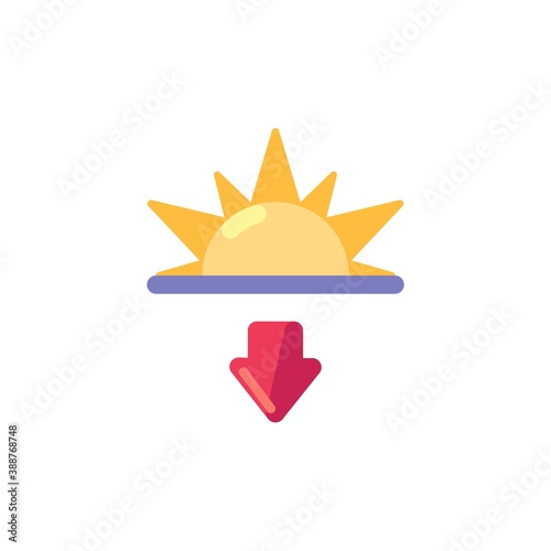 Sunset flat icon, vector sign, sun and arrow down colorful pictogram isolated on white. Symbol, logo illustration. Flat style design