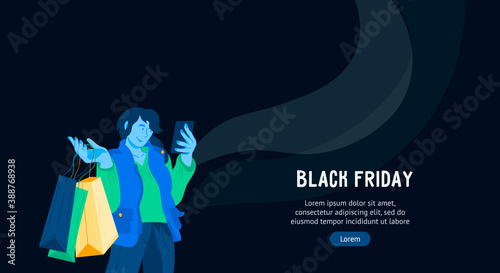 Black friday advertising background template with woman shopper holding a lot of shopping bags. Web page or site banner for Black Friday sale, flat vector illustration.
