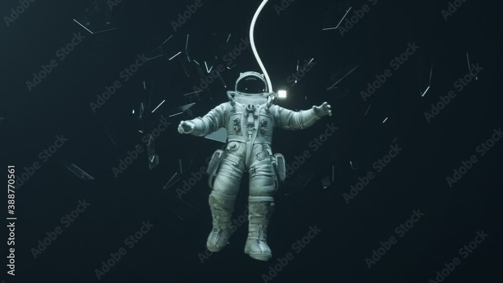 Astronaut is falling down in the outer space with broken mirrors. 3D Rendering