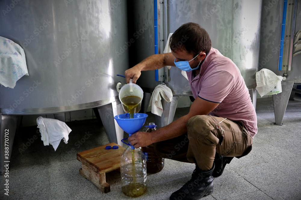 A Turkish worker fills fresh olive oil from a tank into a 5 liter canister. A Turkish worker fills fresh olive oil from a tank into a 5 liter canister.