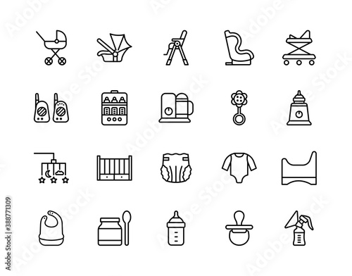 Baby items flat line icons set. Vector illustration necessary things for the baby and parents. Editable strokes.