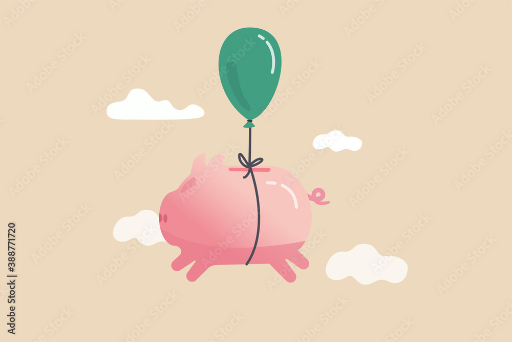 Financial freedom, growth retirement saving or rising profit investment for financial succeed concept, happy cute pink piggy bank floating fly to freedom in the sky minimal style.