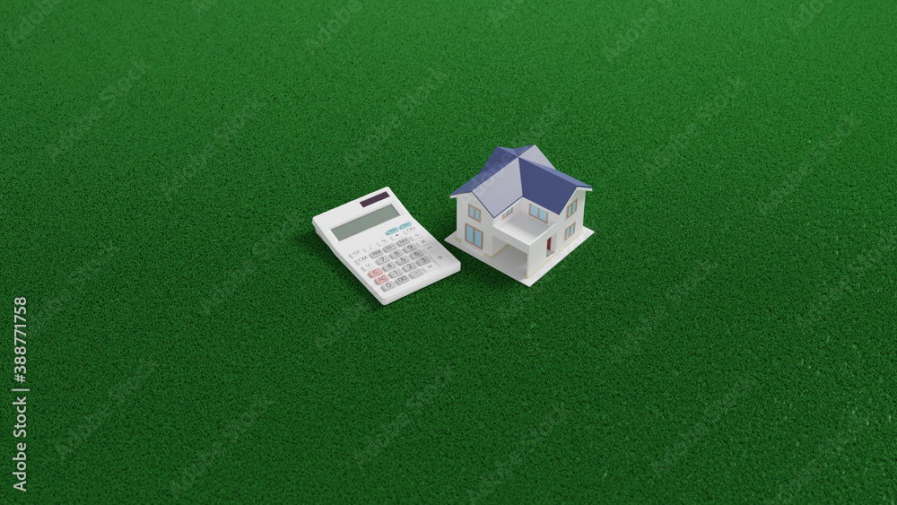 Fototapeta premium Calculator with a toy house placed on a plane.