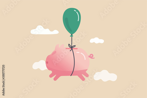 Financial freedom, growth retirement saving or rising profit investment for financial succeed concept, happy cute pink piggy bank floating fly to freedom in the sky minimal style.