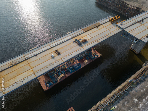 Aerial drone view. Installation of the bridge section.